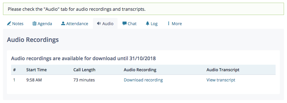 Screenshot: the audio tab of an adjourned meeting, showing one audio recording with start time, length of call, and links to audio recording and transcript