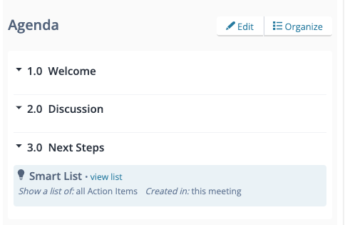 Screenshot of a simple agenda in Lucid Meetings, with three items: 1.0 Welcome, 2.0 Discussion, 3.0 Next Steps. The third item includes a Smart List of "all Action Items, created in this meeting" 